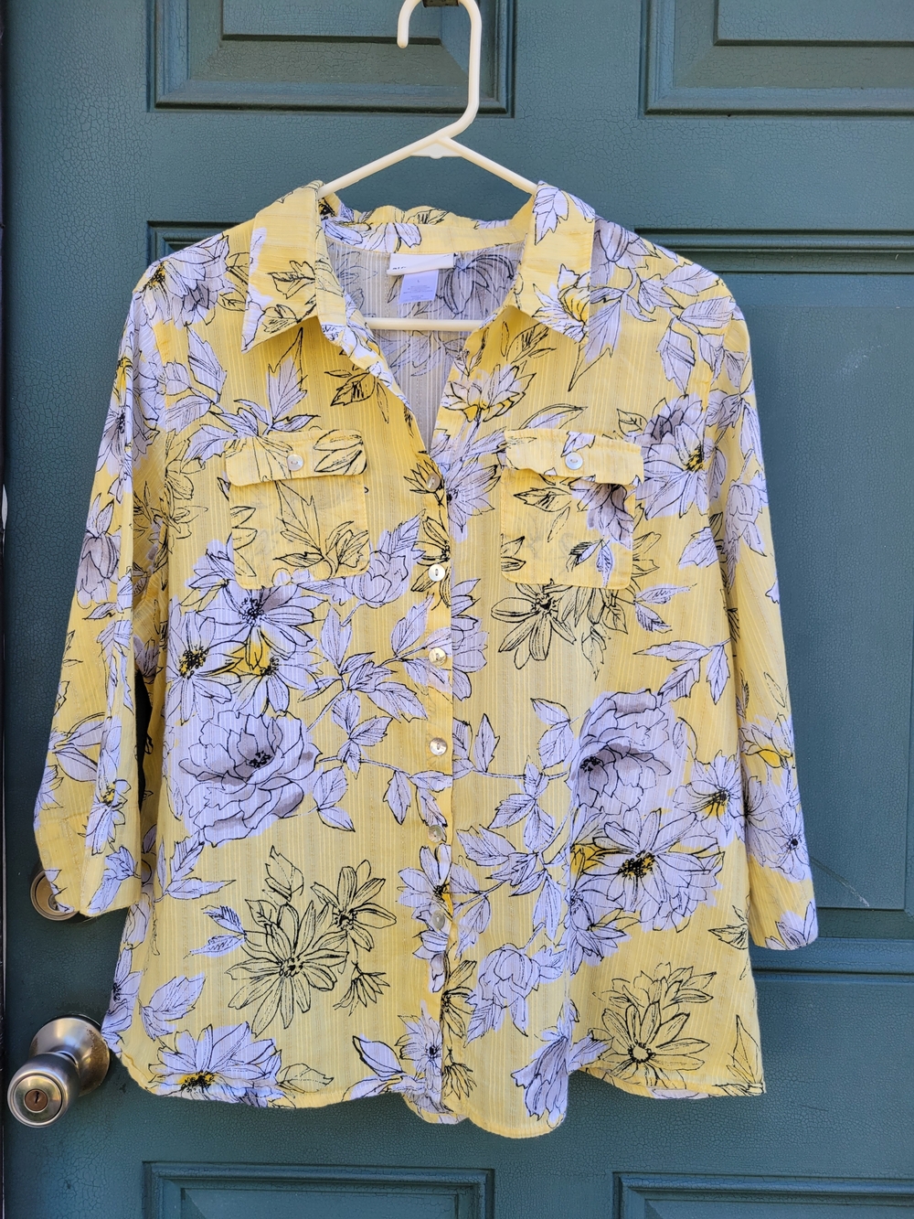 Alfred Dunner Women's L Yellow Floral Button Up Shirt 3/4 Sleeve Top